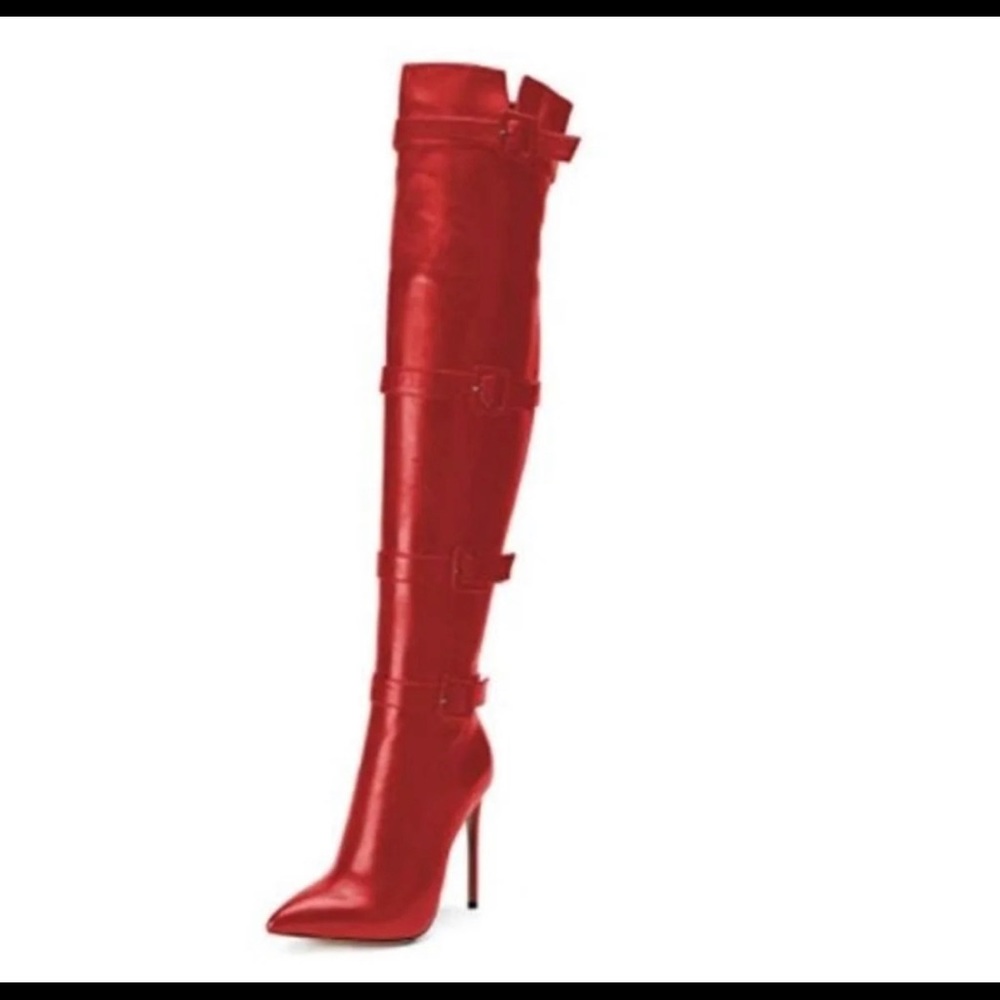 Thigh high red leather boots